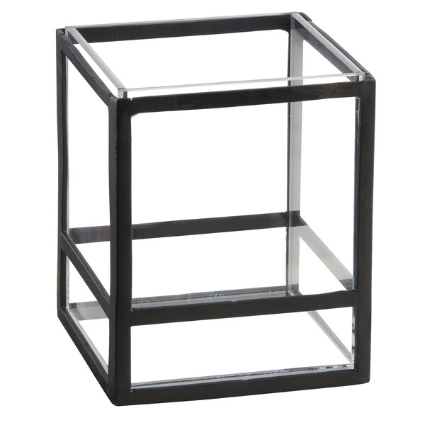 A black metal frame square glass cube.