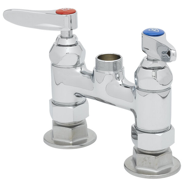 A chrome T&S faucet base with two blue and white handles.