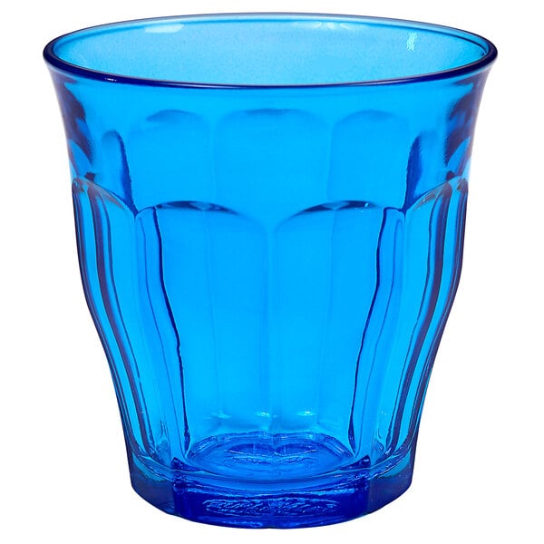 A stackable blue Duralex Picardie glass tumbler.