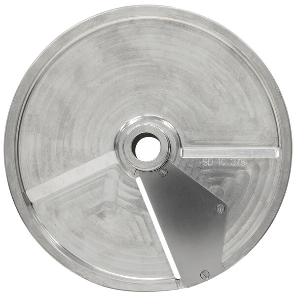 A close-up of a Hobart stainless steel circular soft slicing plate with a hole in the center.