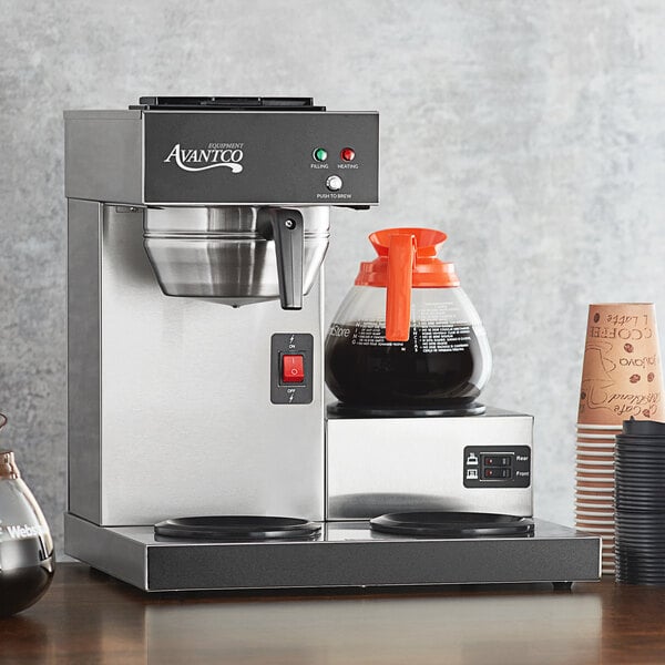 An Avantco automatic coffee maker with coffee pots on a counter.