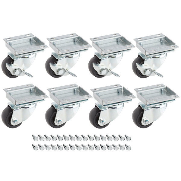 A group of Avantco ADA height plate casters with black wheels and screws.