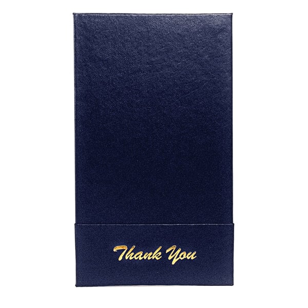 A blue single panel check presenter with a white thank you card inside.