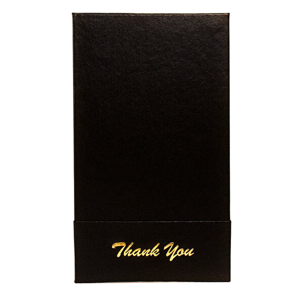 A black rectangular check presenter with a white border and a yellow thank you card.