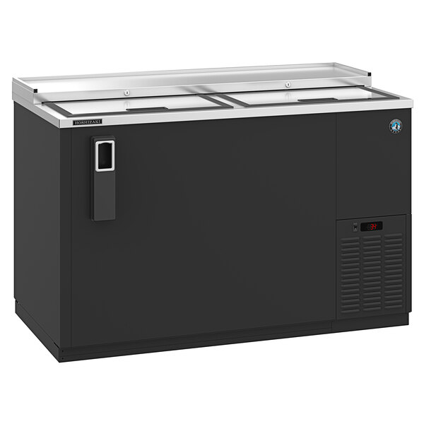 A black refrigerated cooler with a silver top.