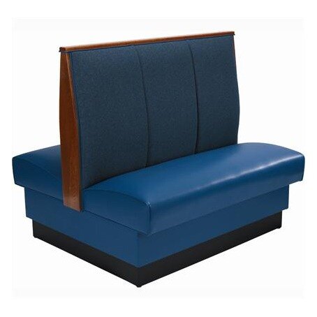 An American Tables & Seating blue and black upholstered booth with a wooden seat and back.