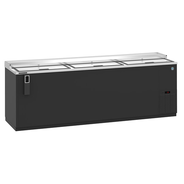 A black rectangular Hoshizaki bottle cooler with a stainless steel top.