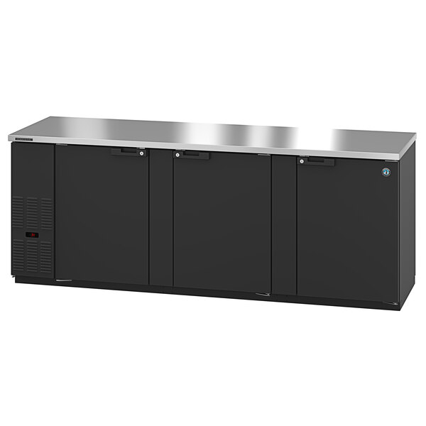 A black Hoshizaki back bar refrigerator with two doors and two drawers.