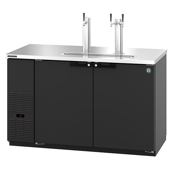 A black Hoshizaki kegerator with two taps on a counter.