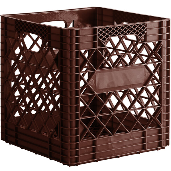 A brown plastic crate with a lattice pattern.