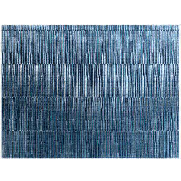 A white woven vinyl placemat with a blue and white striped border.