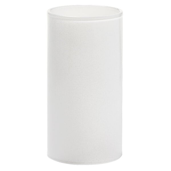 A white cylinder candle in a Hollowick satin crystal glass globe on a white background.