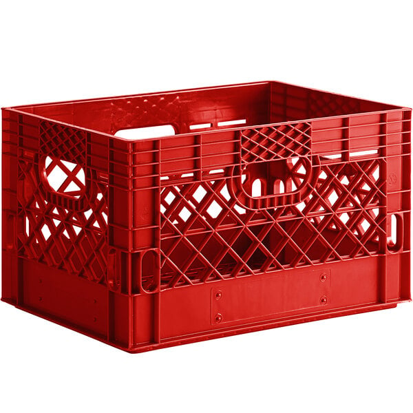 A red rectangular plastic milk crate with handles.