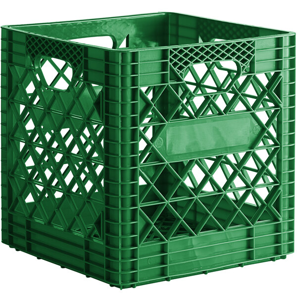 A green plastic crate with handles.