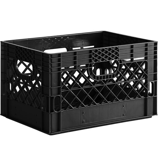 A black plastic rectangular milk crate with handles.