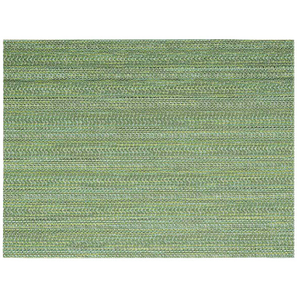 A close-up of a green woven vinyl rectangle placemat with a green and white border.