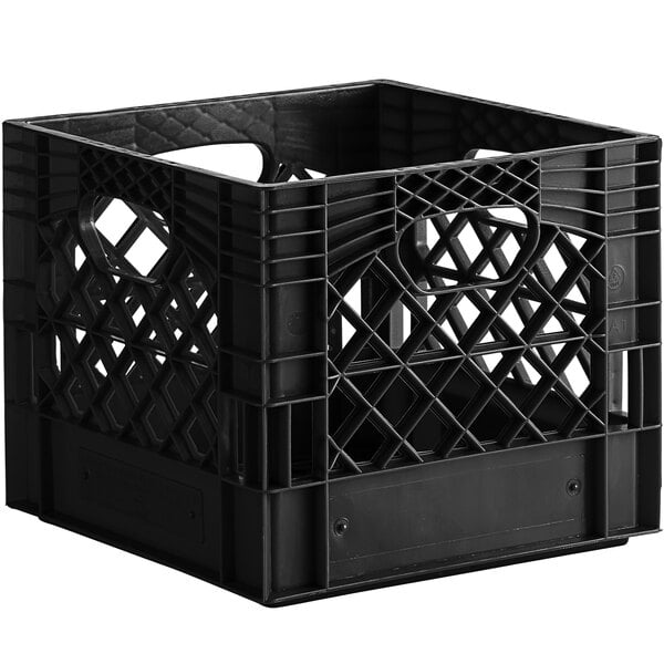 A black plastic milk crate with handles.
