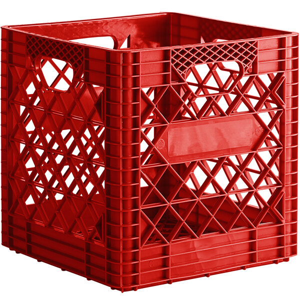 A red plastic Super Crate with holes and a handle.