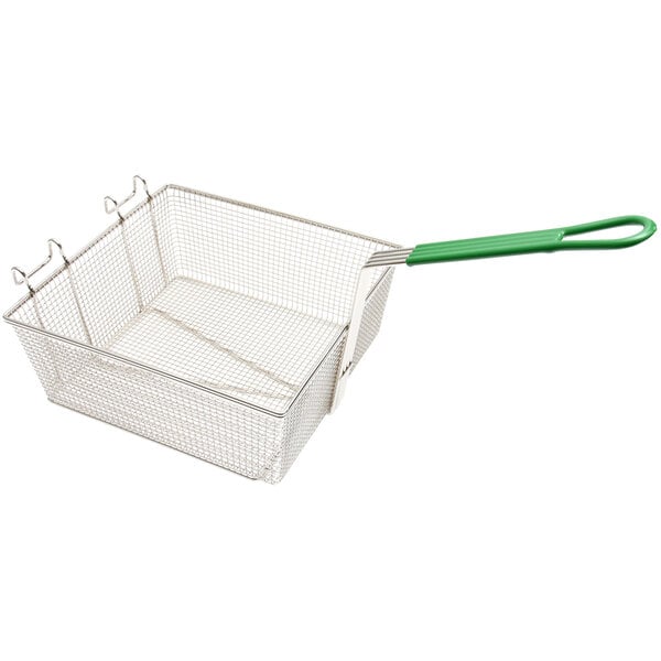 A Frymaster wire fryer basket with a green handle.