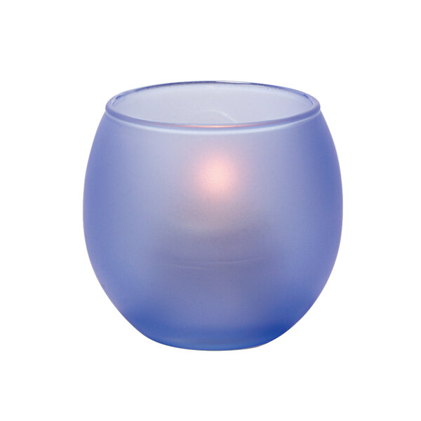 A Small Satin Dark Blue Glass Bubble Tealight Lamp with a lit candle.