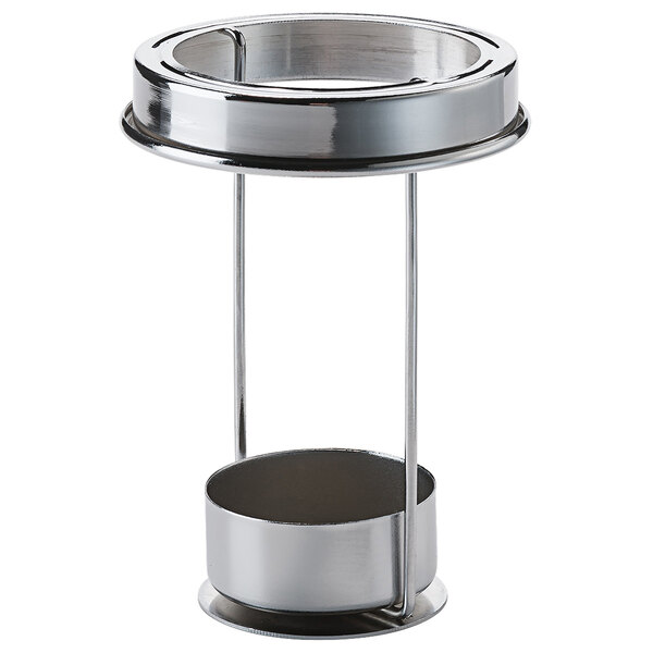 A silver Hollowick Firefly tealight cradle on a table with a round tealight inside.