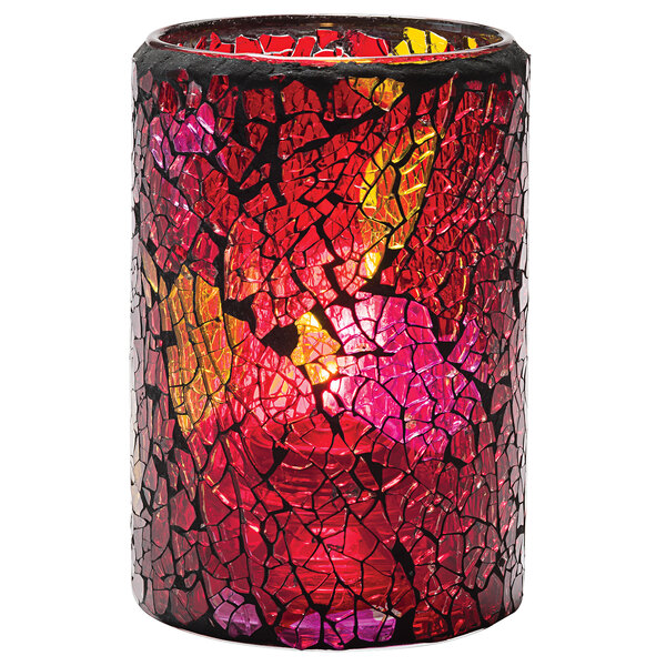 A Hollowick crackle red and gold glass cylinder candle holder.