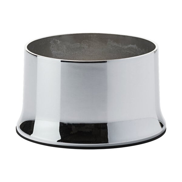 A silver bowl with a black rim on a white background.