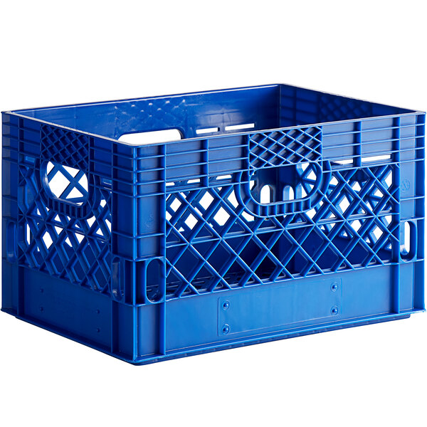 A blue rectangular plastic milk crate with handles and holes.