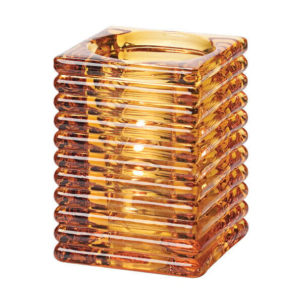 A Hollowick Amber Glass Square Candle Holder with horizontal rib design.