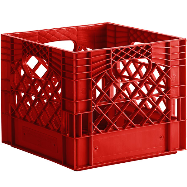A red plastic milk crate with holes and a handle.