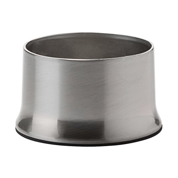 A silver bowl with a black rubber band.