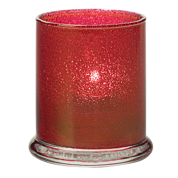 A Hollowick Ruby Jewel glass votive column with a shiny red surface.