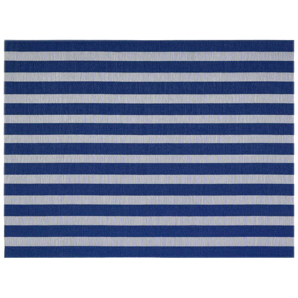 A blue and white striped woven vinyl rectangle placemat.