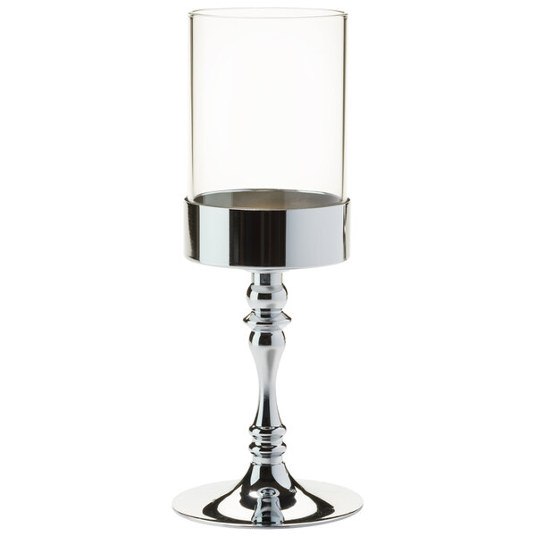 A Hollowick Classic Polished Chrome candlestick base with a clear glass cylinder.
