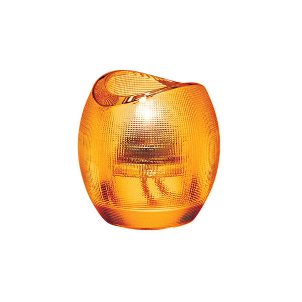A close-up of a Hollowick Pixel amber glass tealight holder with a lit candle in it.