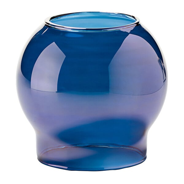 A blue glass Hollowick bubble globe vase with a small hole in the bottom.