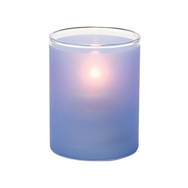 A Hollowick satin dark blue glass cylinder tealight with a lit candle inside.