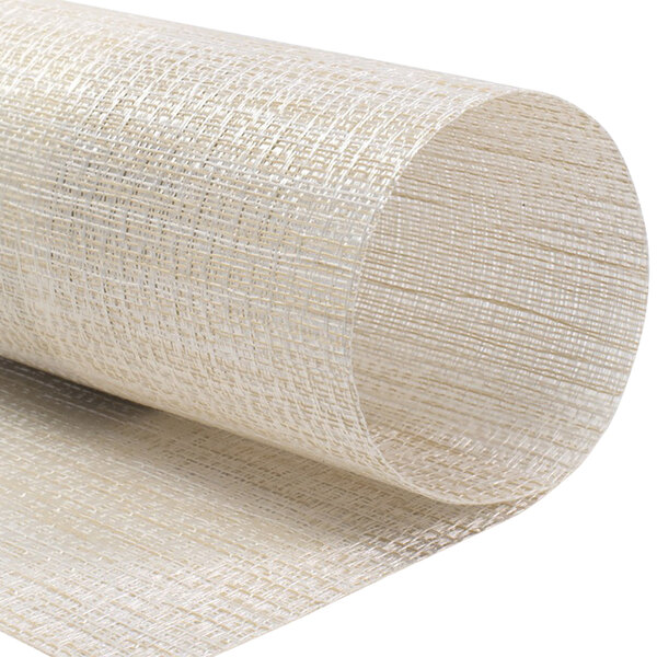 A close-up of a roll of natural husk woven vinyl fabric.