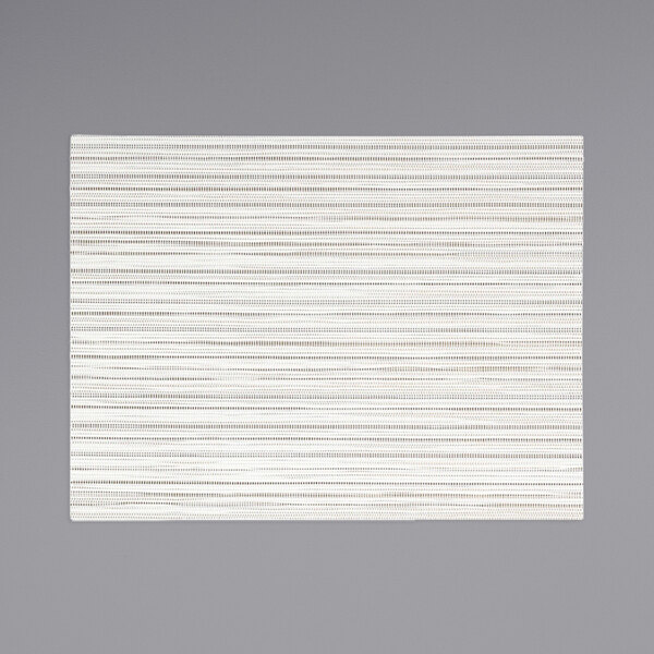 A white woven vinyl rectangle placemat with a gray shell rush design.