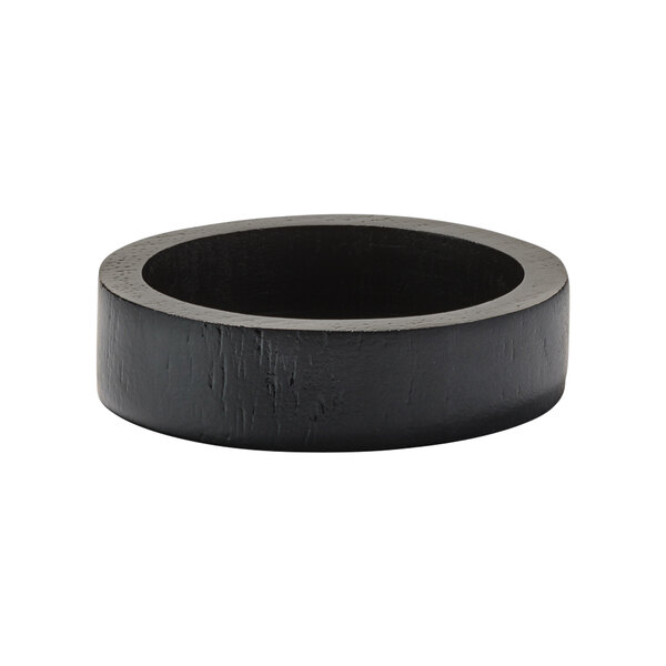 A black circular wood base on a white background.