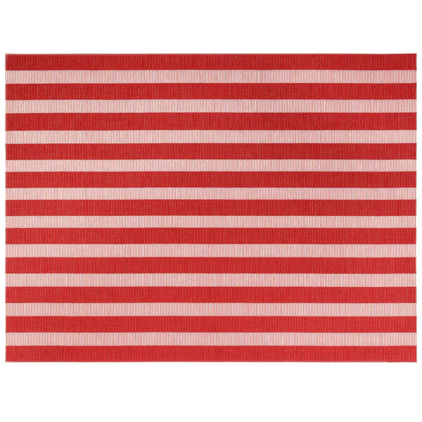 A coral nautical woven vinyl rectangle placemat with red and white stripes.