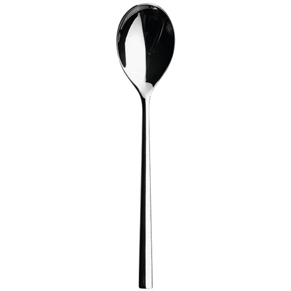 A Sola stainless steel serving spoon with a silver handle.