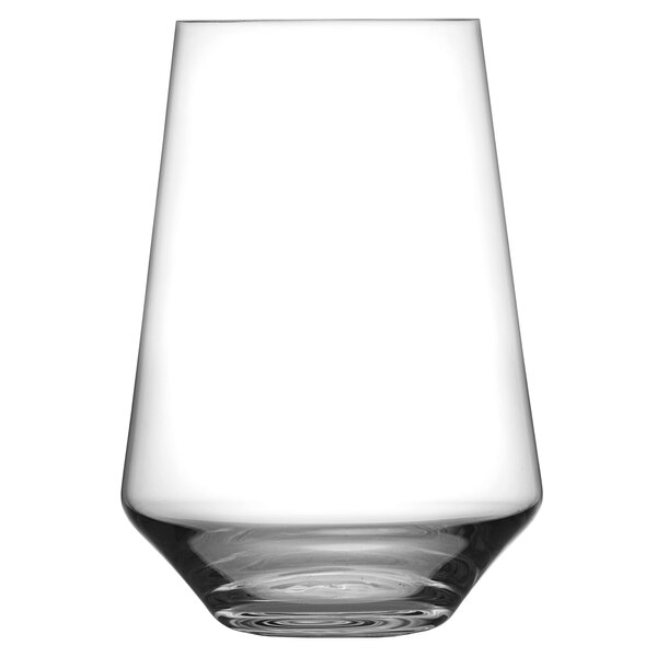 A Schott Zwiesel stemless wine glass with a white background.