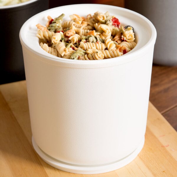 A white Carlisle Coldmaster cold crock filled with pasta and vegetables.