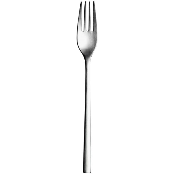 A close-up of a Sola stainless steel table fork with a white handle.