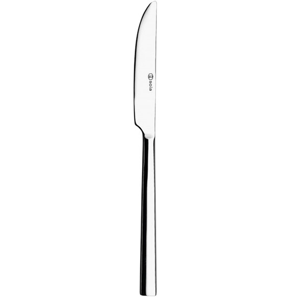 A Sola stainless steel dessert knife with a silver handle.