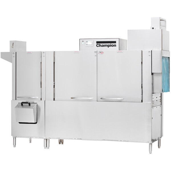 A large Champion conveyor dishwasher machine with two doors.