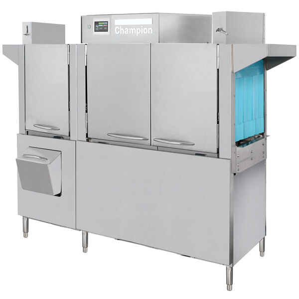 A large white rectangular Champion conveyor dishwasher with a black border and blue doors.