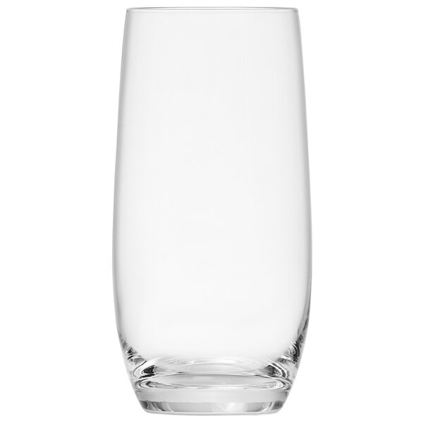 A close-up of a Schott Zwiesel iced tea glass full of a clear liquid.