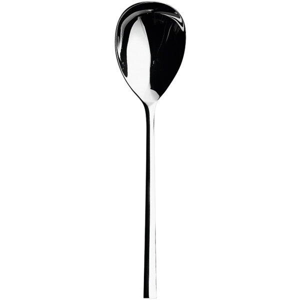 A Sola stainless steel serving spoon with a black handle.